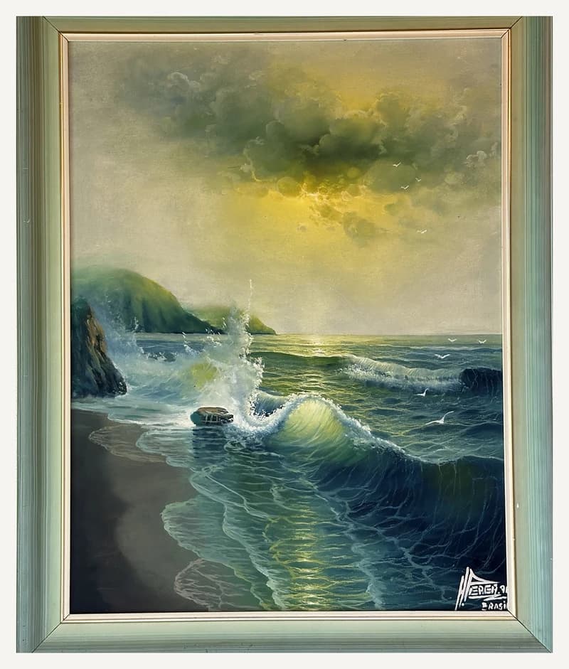 Pintura HP-002, com paisagem marítima verde e pôr do sol.