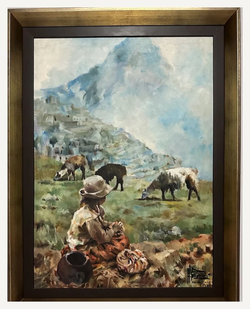Pintura HP-004, com figura sentada diante de paisagem com animais.