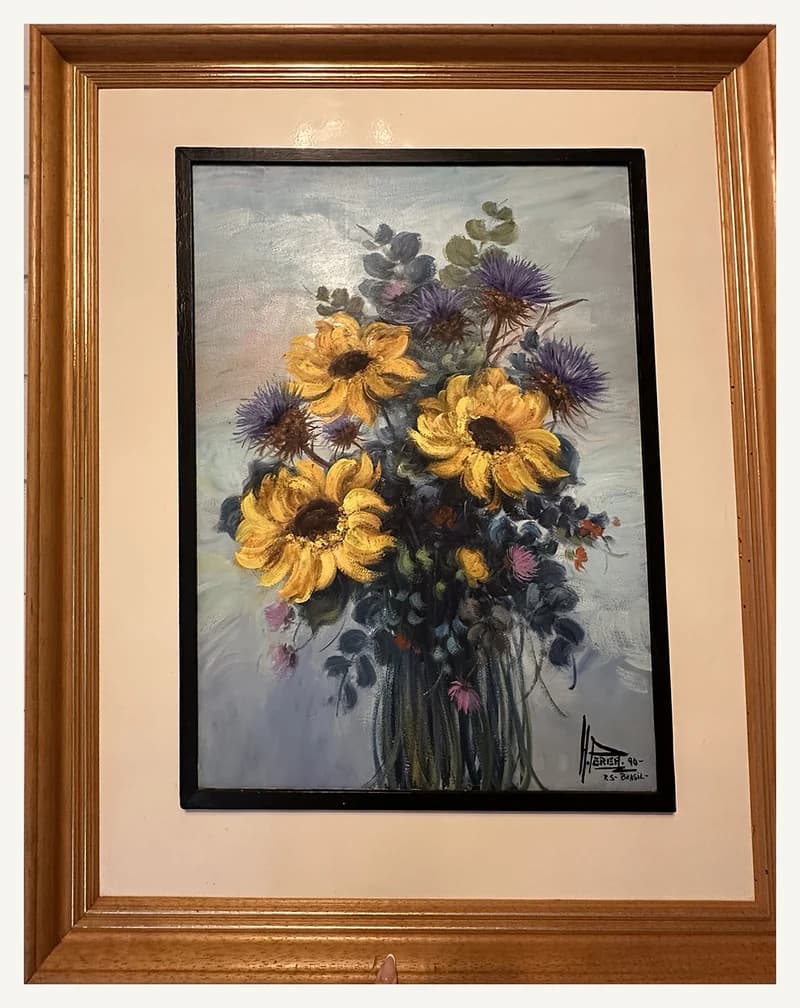 Pintura HP-005, com arranjo floral e girassóis.