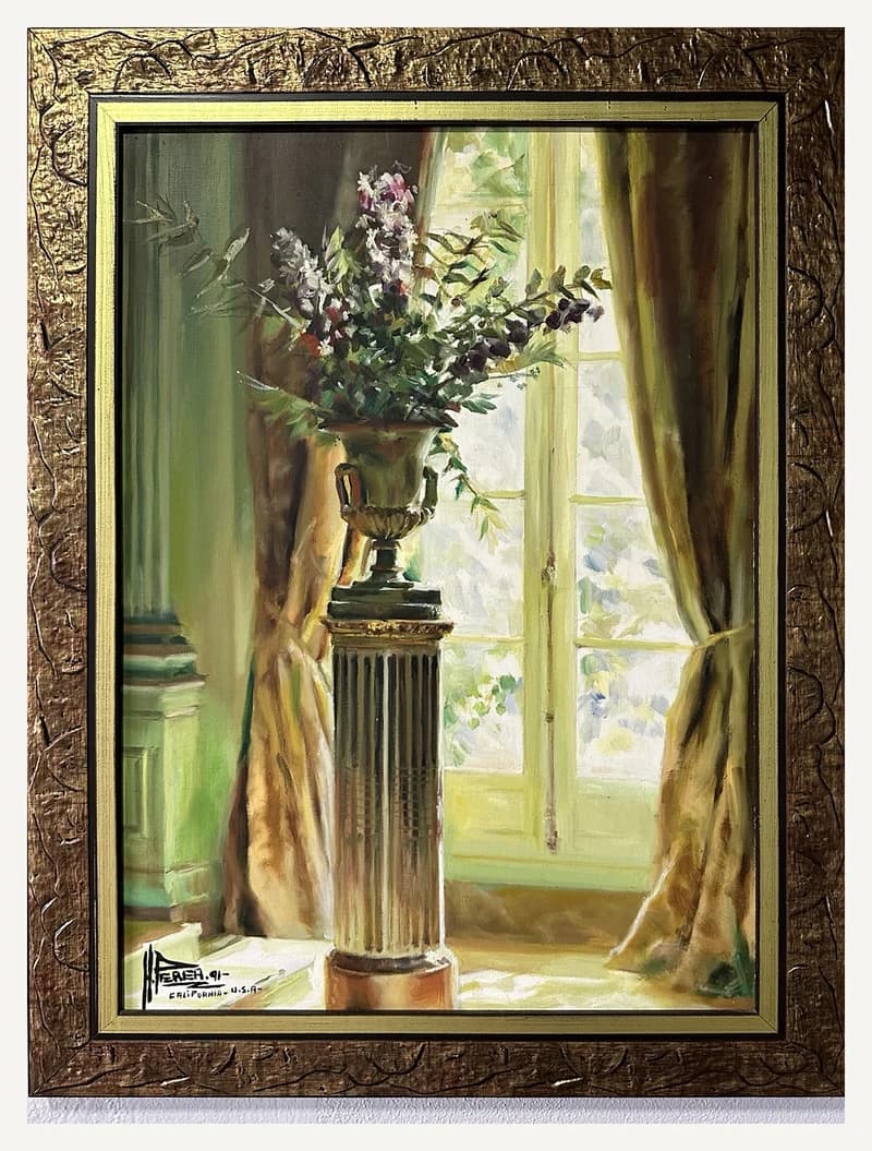 Pintura HP-006, com vaso de flores diante da janela.