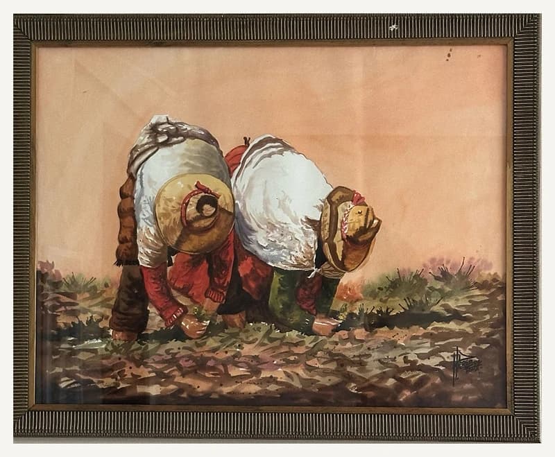 Pintura HP-009, com trabalhadores rurais inclinados sobre a terra.