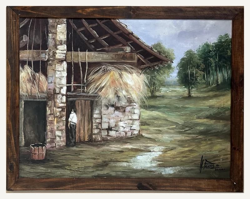Pintura HP-010, com construção rural e paisagem.