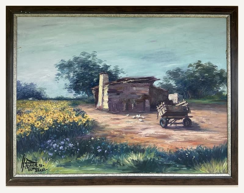 Pintura HP-011, com casa rural, campo florido e carroça.
