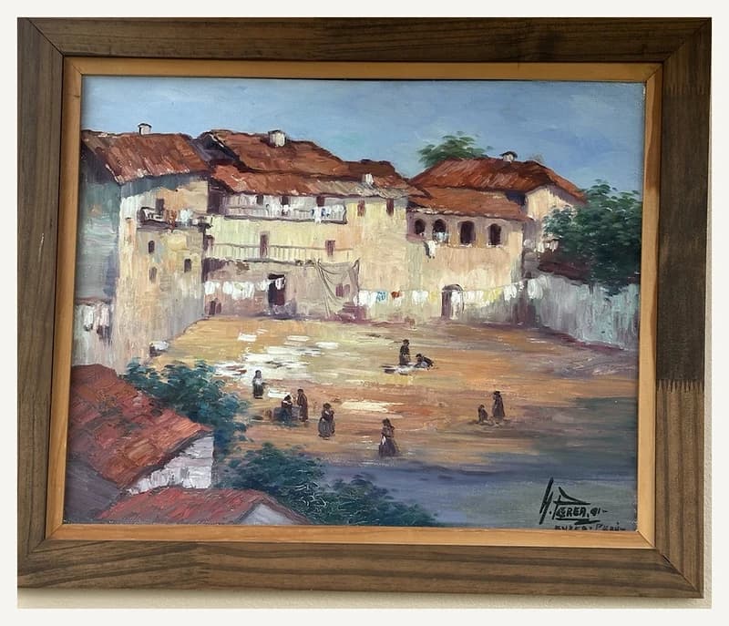 Pintura HP-012, com conjunto arquitetônico, praça e figuras.